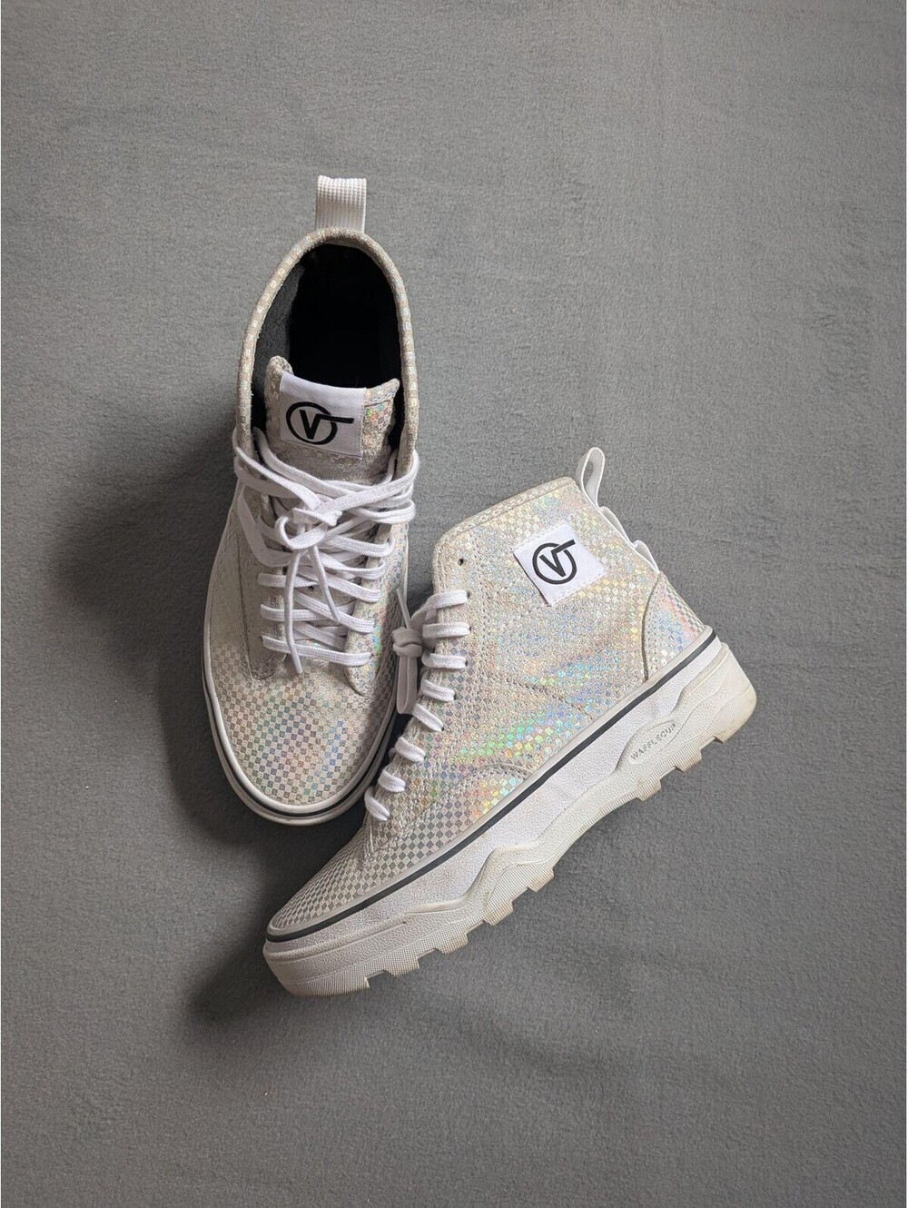 Vans Shoes Mens Size 6 Silver Checkerboard High Top UltraCush Wafflecup Sneakers - Picture 2 of 9